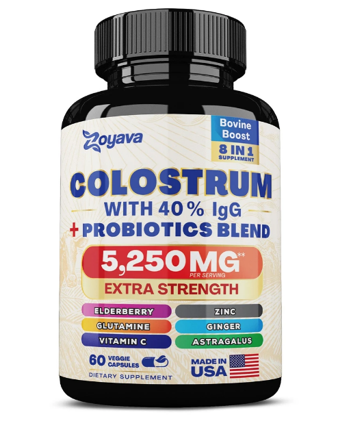 Zoyava Bovine Colostrum Supplement Capsules 5250 MG, Grass Fed Cow Colostrum with 40% IgG 500MG, Probiotics 50MG, Elderberry 2000MG, L-Glutamine 200MG, Astragalus 2000MG Vitamin C, Ginger, Zinc