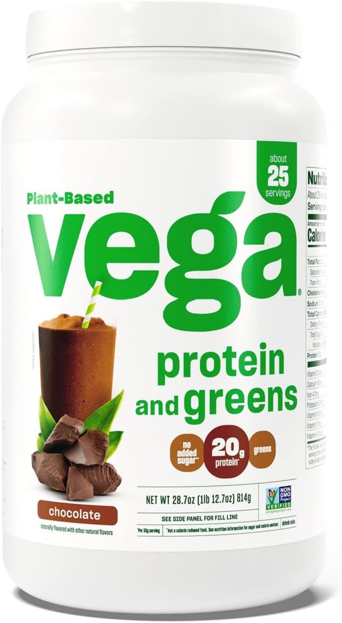 Vega Protein and Greens Protein Powder, Chocolate - 20g Plant Based Protein Plus Veggies, Vegan, Non GMO, Pea Protein for Women and Men